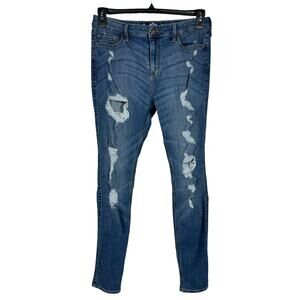 Hollister SZ 11R Hi-Rise Super Skinny Jeans Distressed Stretch Chewed Hems Blue